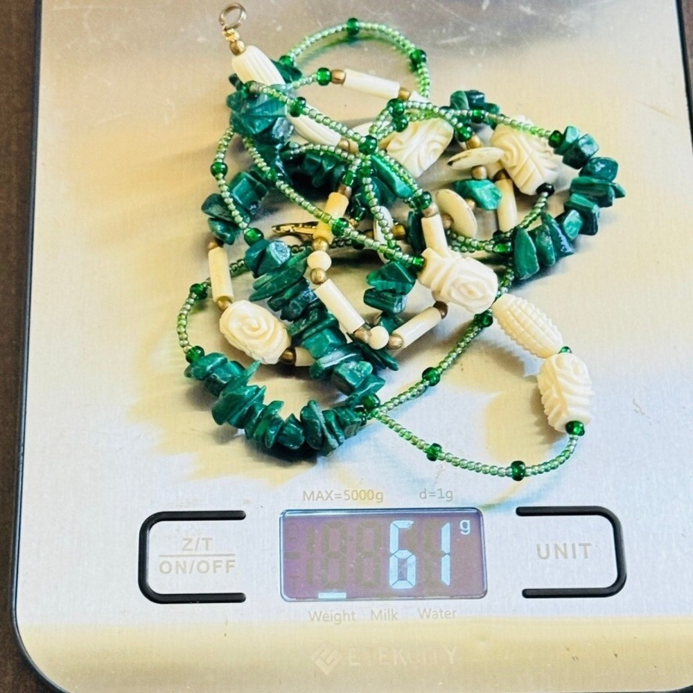 VTG Green Malachite Stone Beaded Necklace brass beads Natural Genuine strand 50" - Picture 7 of 8